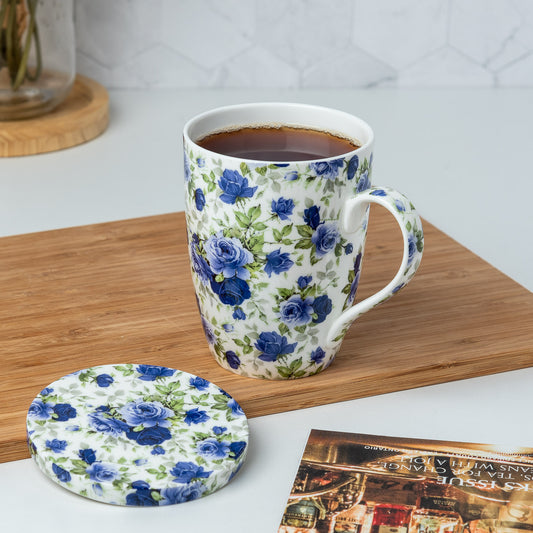 Chintz Dark Blue Roses Tea Mug w/ Infuser and Lid