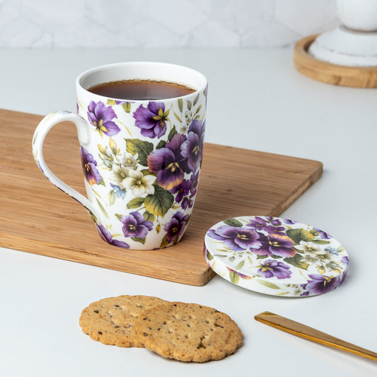 Chintz Purple Pansies Tea Mug w/ Infuser and Lid