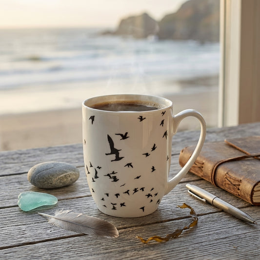 Flock of Birds Silhouette Latte mug with birds in migration in a beachside setting