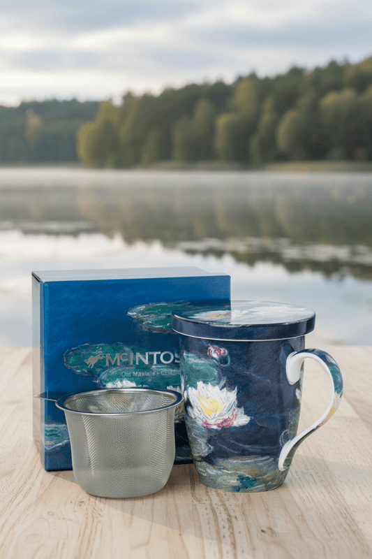 Tea mug with Claude Monet Water Lilies print, tea infuser, and packaging on a wooden surface with a lake and trees in the background.