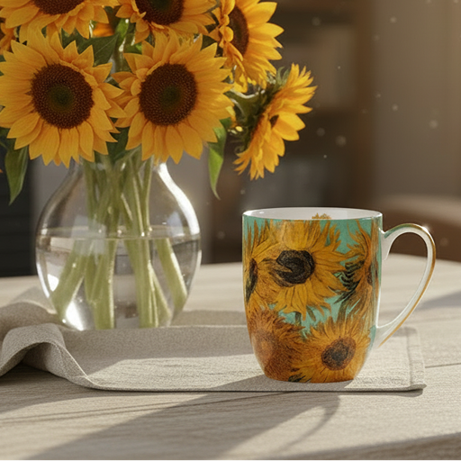 Fine bone china mug with van gogh art print sunflowers on a sunkissed wooden table