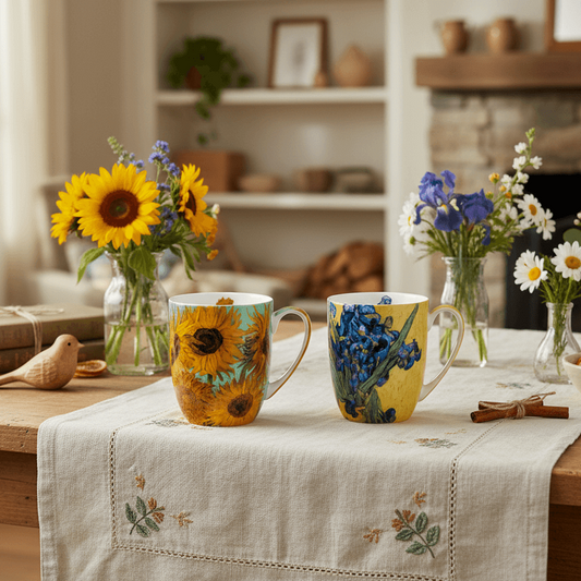 Van Gogh Sunflowers and Irises floral prints on a wood dining table adorned with bouquets, cinnamon and aromatics.