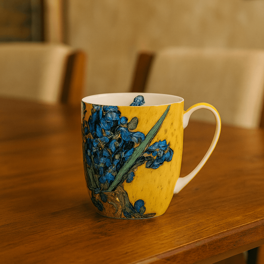 Irises by Vincent Van Gogh Latte mug with coffee in a Kitchen setting