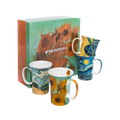 Four fine bone china mugs, each featuring a painting by artist Vincent van Gogh displayed alongside an ornate gift box with a print from the Sunflowers collection.