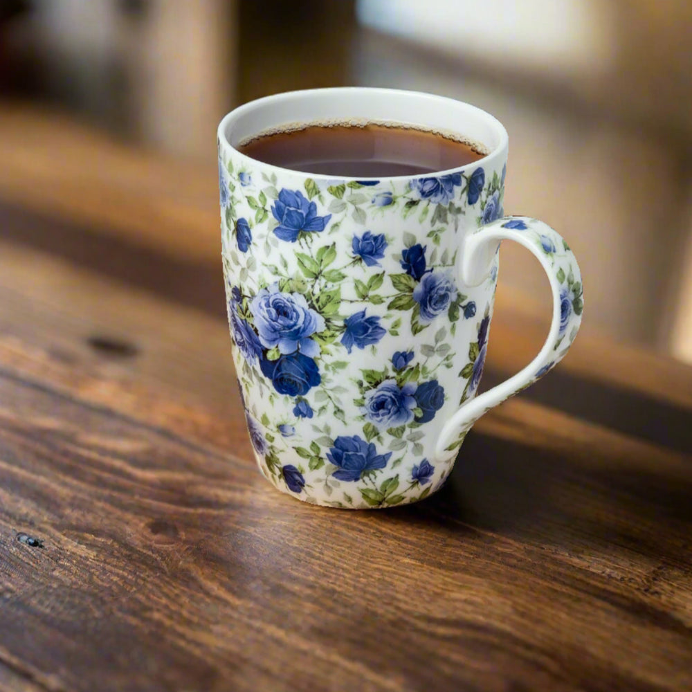 Chintz Dark Blue Roses Tea Mug w/ Infuser and Lid