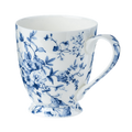 White bone china mocha mug witha  blue floral pattern of roses on a white background