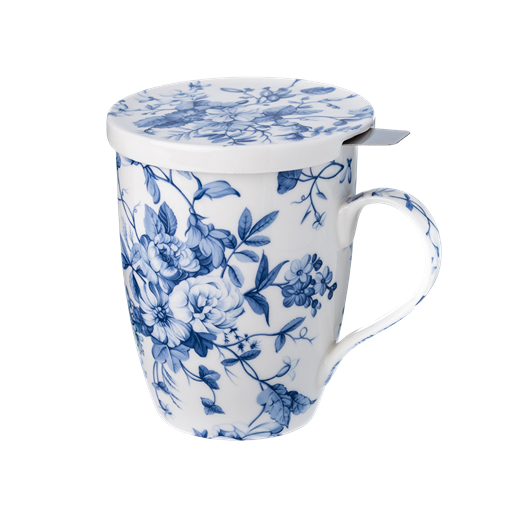 Always In Bloom tea mug with infuser and lid, 15.2 oz (450 ml) fine bone china, front view, handle right.