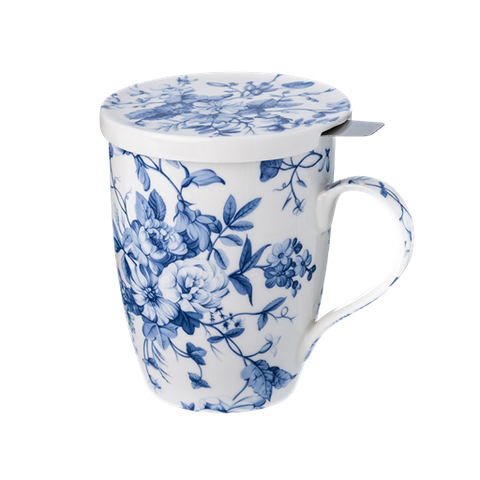 Always In Bloom tea mug with infuser and lid, 15.2 oz (450 ml) fine bone china, front view, handle right.