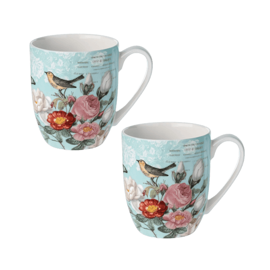 Two Fine bone china Latte mugs with McIntosh Designs print Bird Garden. 375ml capacity. 