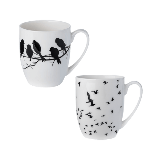 Two fine bone china mugs featuring black and white Bird Silhouette prints by McIntosh Designs. 375 ml beverage capacity. 