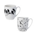 Two fine bone china mugs featuring black and white Bird Silhouette prints by McIntosh Designs. 375 ml beverage capacity. 