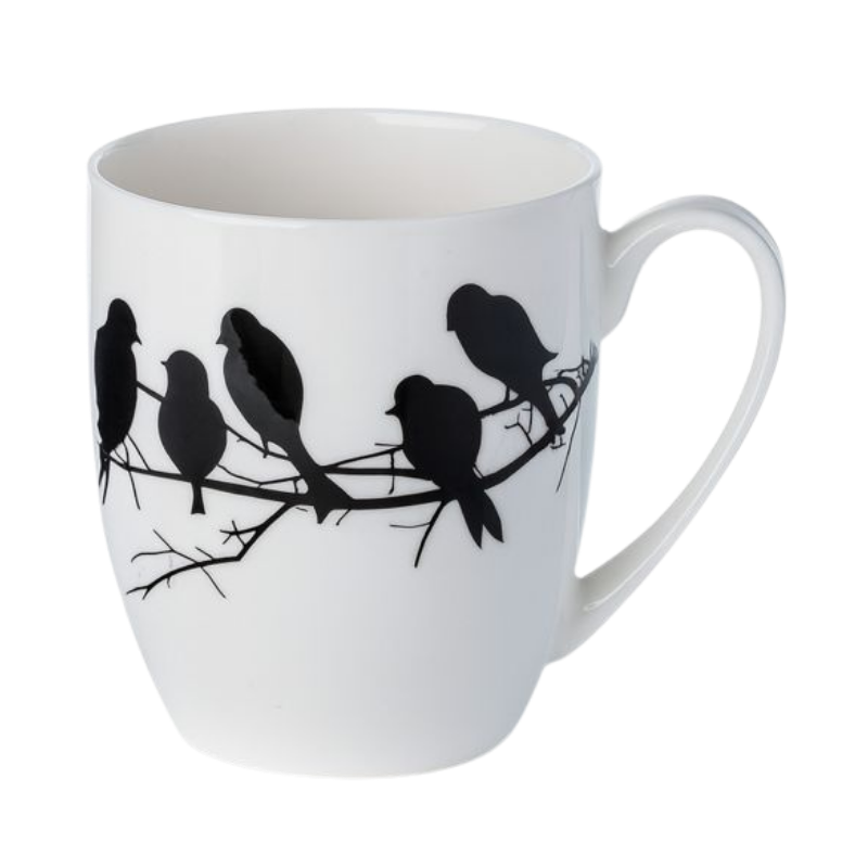 Fine bone china mug with black bird design on a white background.