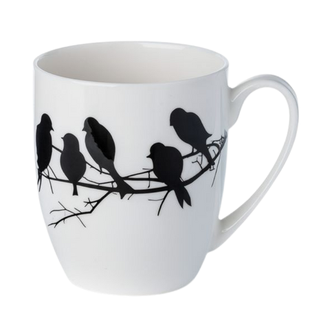 Fine bone china mug with black bird design on a white background.