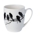 Fine bone china mug with black bird design on a white background.