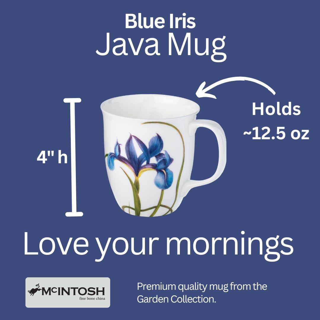 Garden Collection Blue Iris Java mug size guide showing 12.5 oz (375 ml), 4 in high