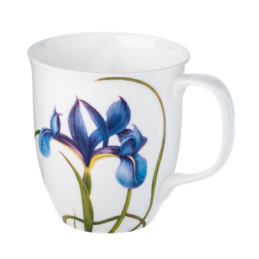 Garden Collection Blue Iris Java mug in fine bone china, 12.5 oz (375 ml), front view, handle right