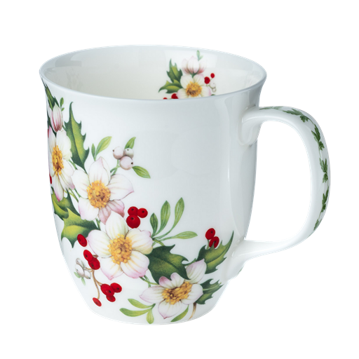 Festive Floral Java mug botanical flower design fine bone china 12.5 oz McIntosh Mugs front view, handle right