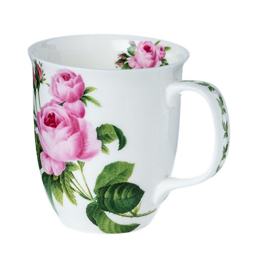 Botanical Pink Rose Java mug, 12.5 oz (375 ml) fine bone china, front view, handle right
