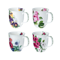 Four floral mugs with colorful flowers Viola, Pink Rose, Garden Phlox and Anemone on a white background.