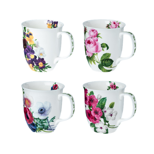 Four floral mugs with colorful flowers Viola, Pink Rose, Garden Phlox and Anemone on a white background.