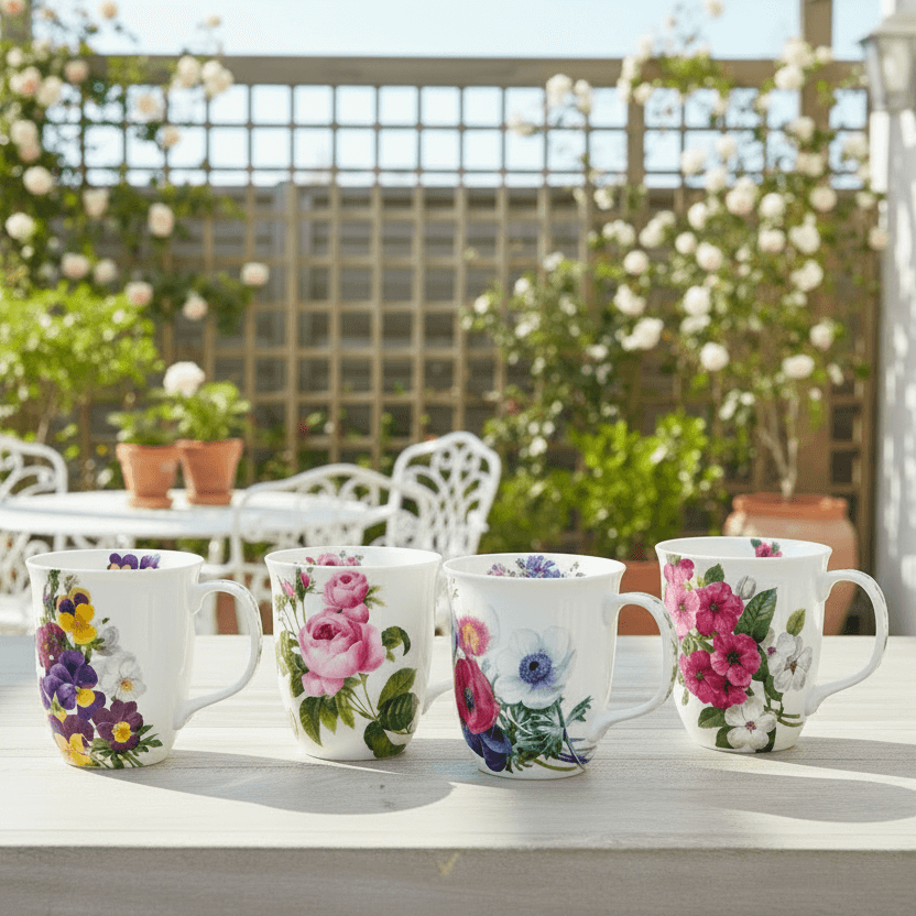 Four floral mugs with prints Viola, Pink Rose, Garden Phlox and Anemonea table with a garden background.