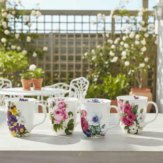 Four floral mugs with prints Viola, Pink Rose, Garden Phlox and Anemonea table with a garden background.