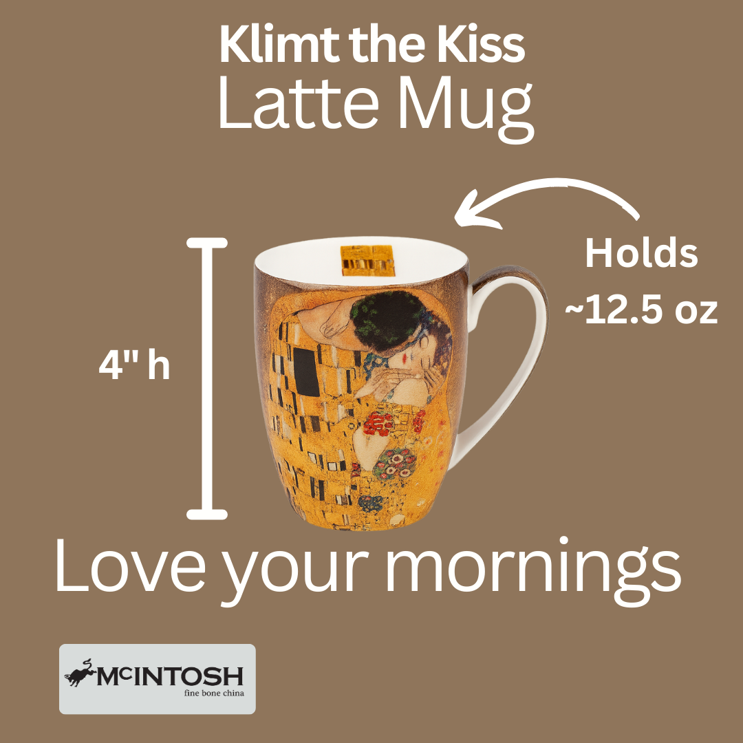 The Kiss Latte mug size guide showing 12.5 oz (375 ml), 4 in high