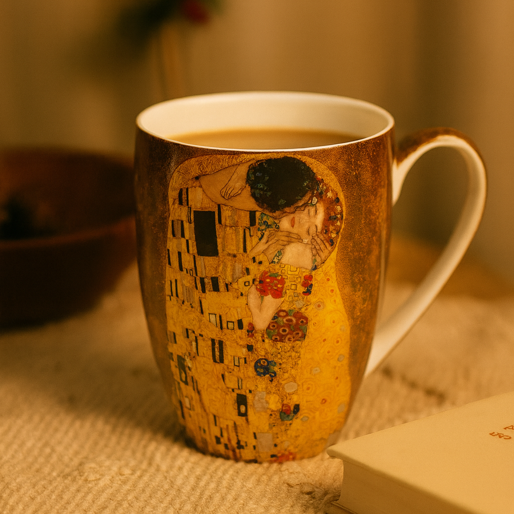 The Kiss by Gustav Klimt Latte mug  with coffee in a cozy setting