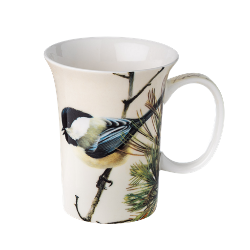 Robert Bateman Lively Pair – Chickadees mug, 11 oz (325 ml) fine bone china, front view, handle right.