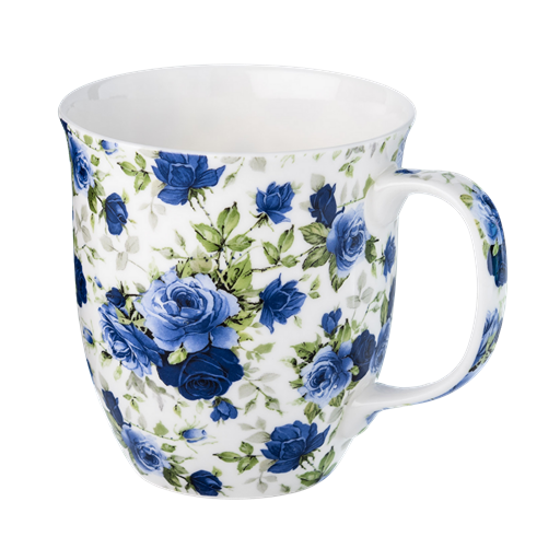 Chintz Dark Blue Roses Java mug, 12.5 oz (375 ml) fine bone china, front view, handle right.