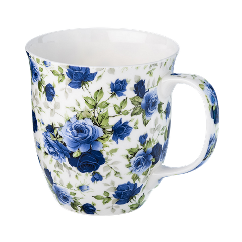 Chintz Dark Blue Roses Java mug, 12.5 oz (375 ml) fine bone china, front view, handle right.