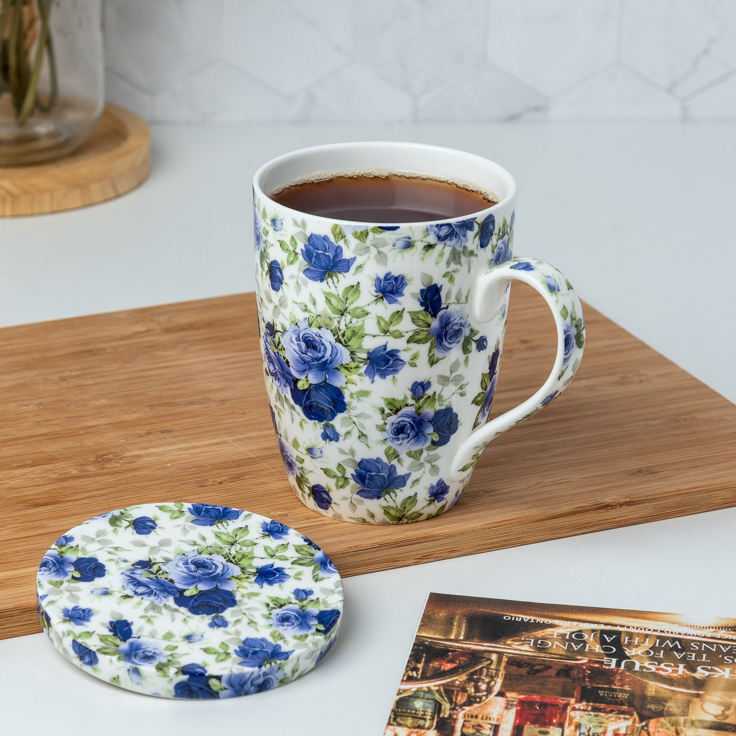 Chintz Dark Blue Roses Tea Mug w/ Infuser and Lid