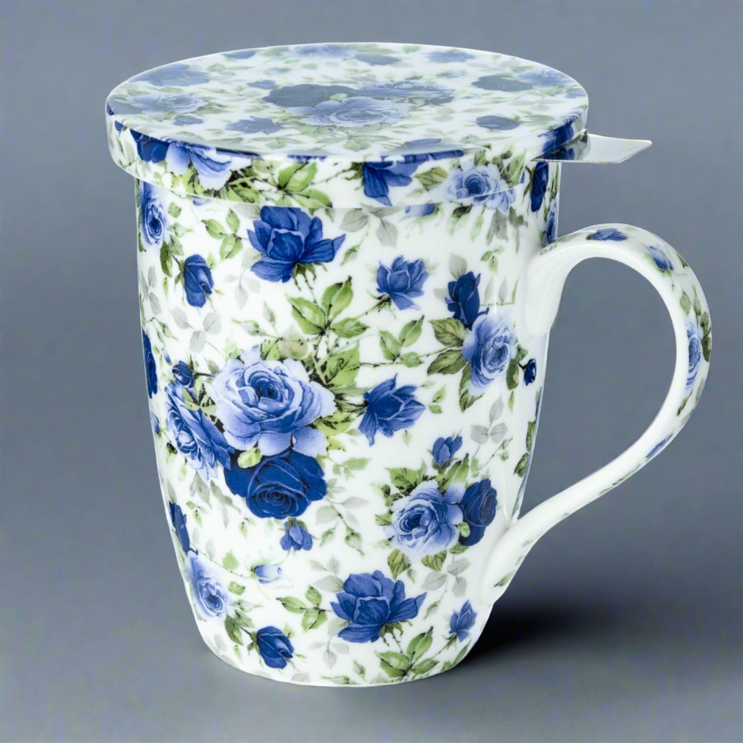 Chintz Dark Blue Roses Tea Mug w/ Infuser and Lid