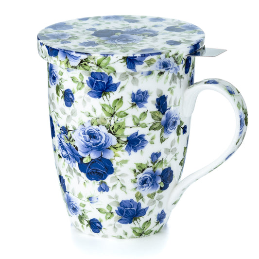Chintz Dark Blue Roses Tea Mug w/ Infuser and Lid