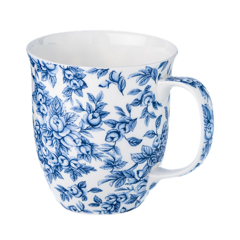 Chintz Light Blue Roses Java mug, 12.5 oz (375 ml) fine bone china, front view, handle right.
