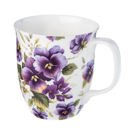 Chintz Purple Pansies Java mug, 12.5 oz (375 ml) fine bone china, front view, handle right.