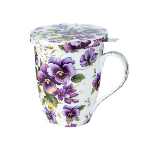Purple Pansies-patterned Tea mug with a lid and stainless steel tea infuser on a white background