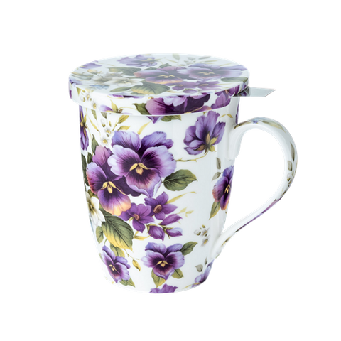 Purple Pansies-patterned Tea mug with a lid and stainless steel tea infuser on a white background