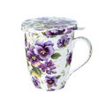 Purple Pansies-patterned Tea mug with a lid and stainless steel tea infuser on a white background
