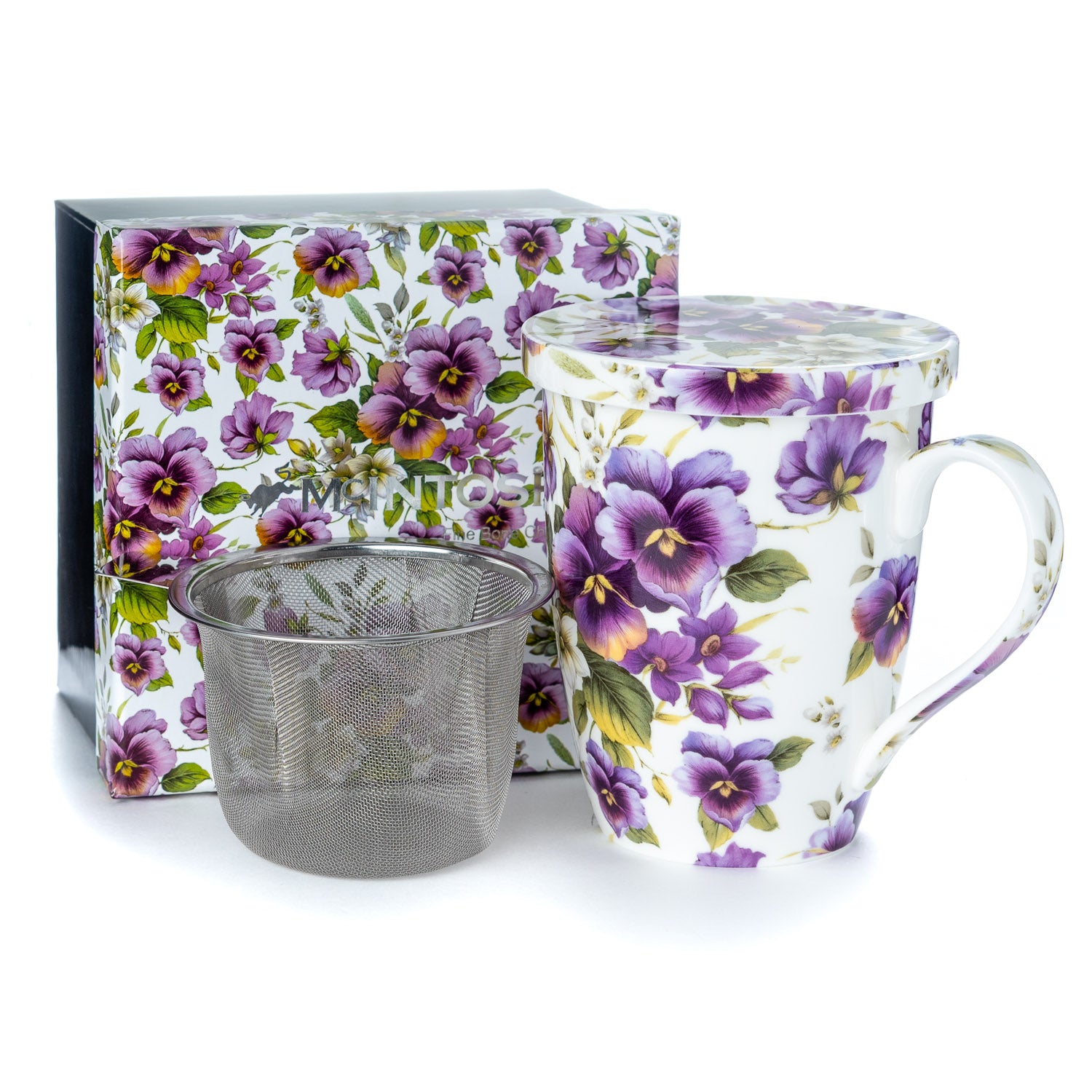 Chintz Purple Pansies Tea Mug w/ Infuser and Lid
