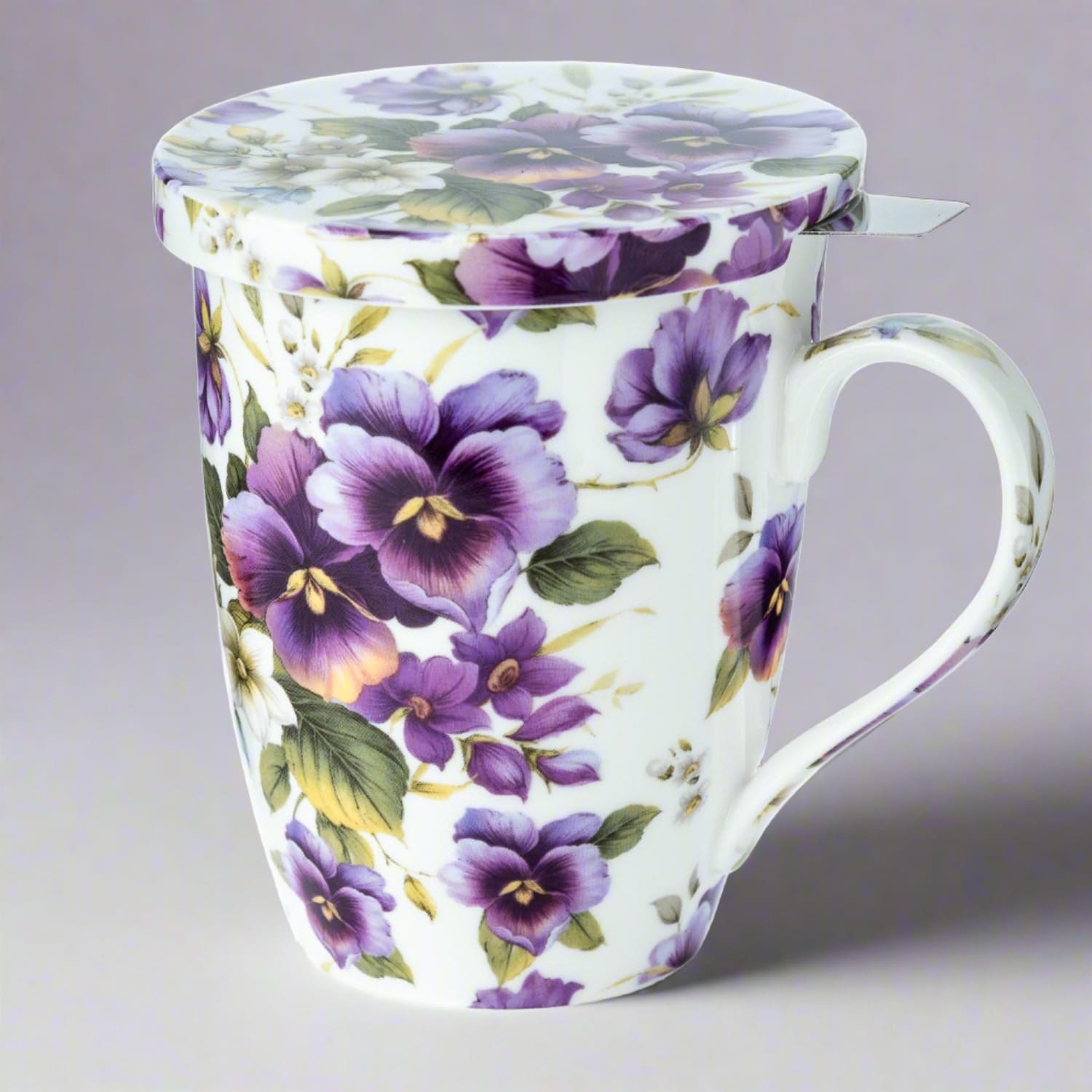 Chintz Purple Pansies Tea Mug w/ Infuser and Lid