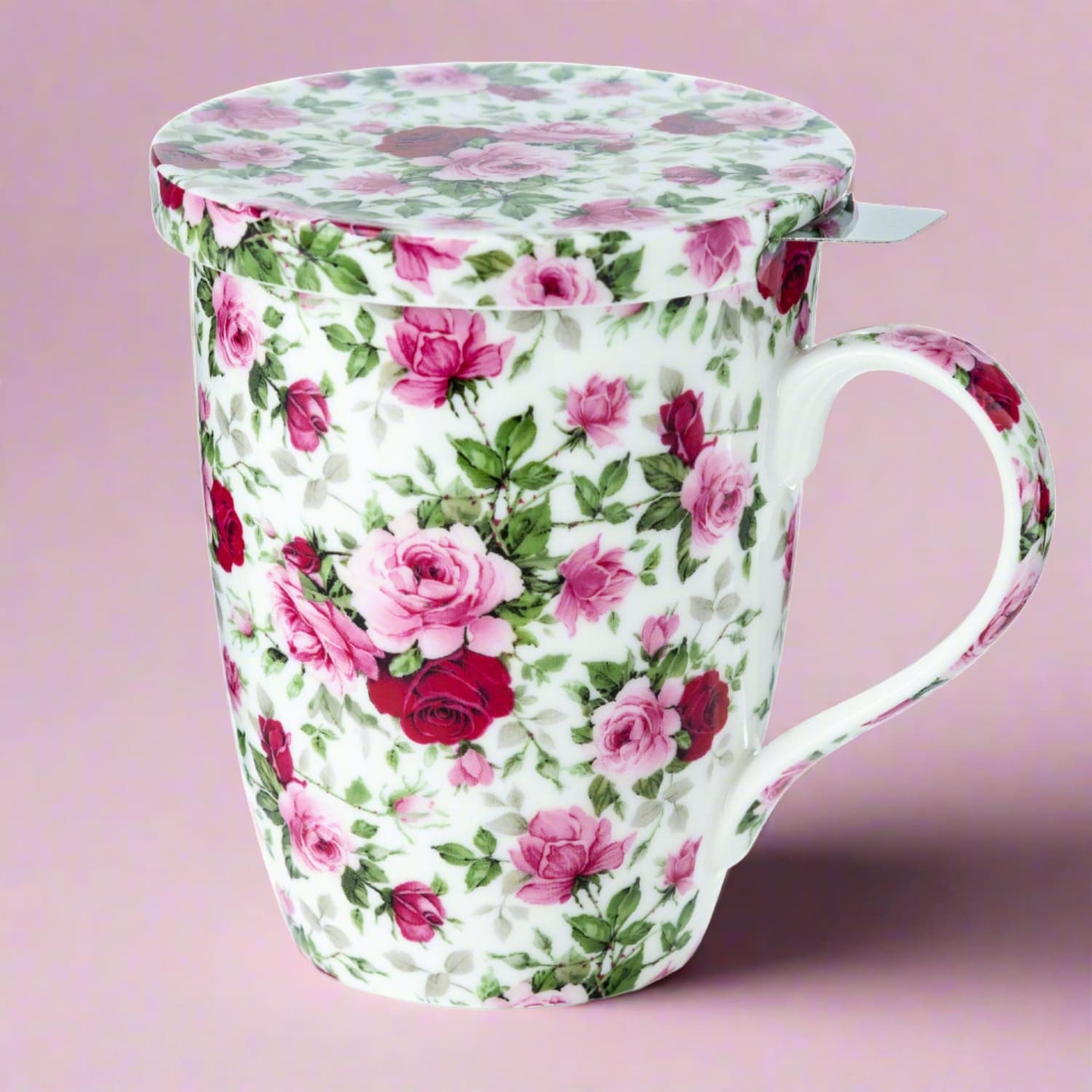 Chintz Red & Pink Roses Tea Mug w/ Infuser and Lid