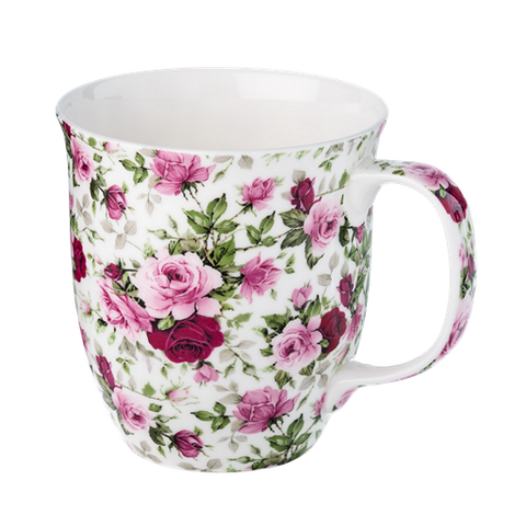 Chintz Red & Pink Roses Java mug, 12.5 oz (375 ml) fine bone china, front view, handle right.