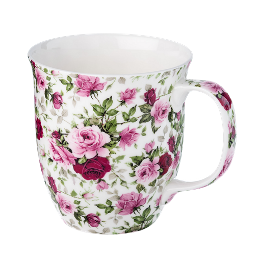 Chintz Red & Pink Roses Java mug, 12.5 oz (375 ml) fine bone china, front view, handle right.