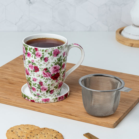 Chintz Red & Pink Roses Tea Mug w/ Infuser and Lid