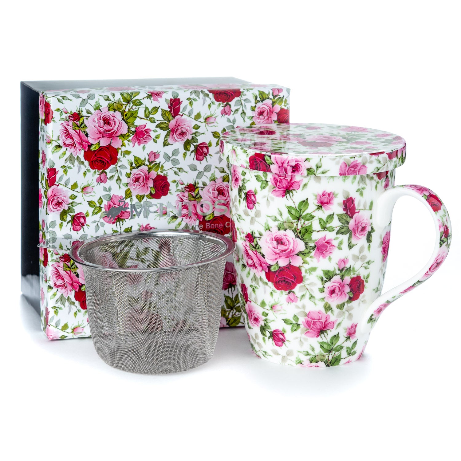 Chintz Red & Pink Roses Tea Mug w/ Infuser and Lid