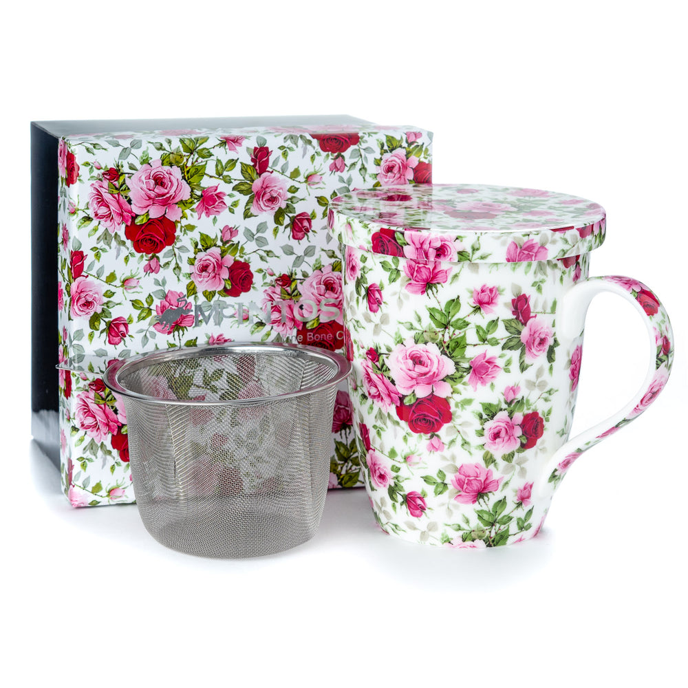 Chintz Red & Pink Roses Tea Mug w/ Infuser and Lid