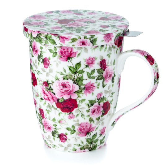Chintz Red & Pink Roses Tea Mug w/ Infuser and Lid