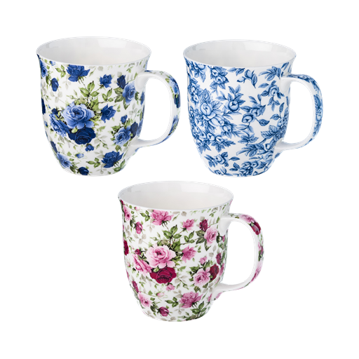 Three floral mugs with Red and Pink Roses, Light Blue Roses, and Dark Blue Roses chintz designs on a white background.