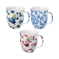 Three floral mugs with Red and Pink Roses, Light Blue Roses, and Dark Blue Roses chintz designs on a white background.